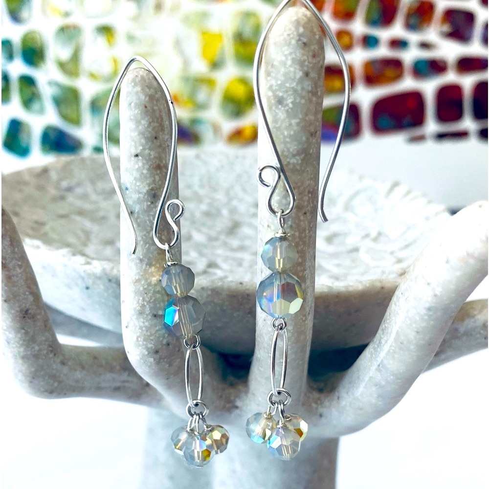 NWT Dangle Earrings in Sterling Silver & Light Grey Swarovski Crystals  3 Inches